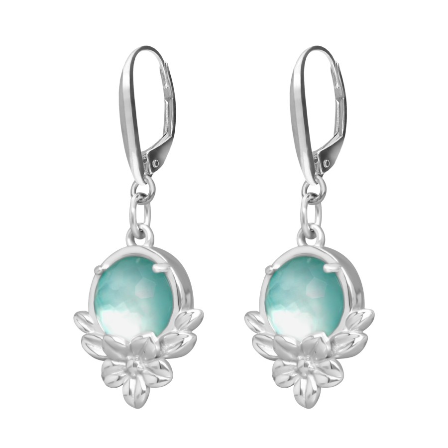 Clearance TANYA MOSS Aretes Mujer Plata 925 Mensaje Amor Flor Hojas Madreperla Verde