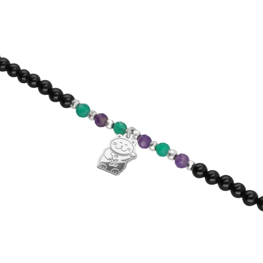 New TANYA MOSS Pulsera Mujer Plata 925 Carisma Gato Onix / Agata Verde / Amatista